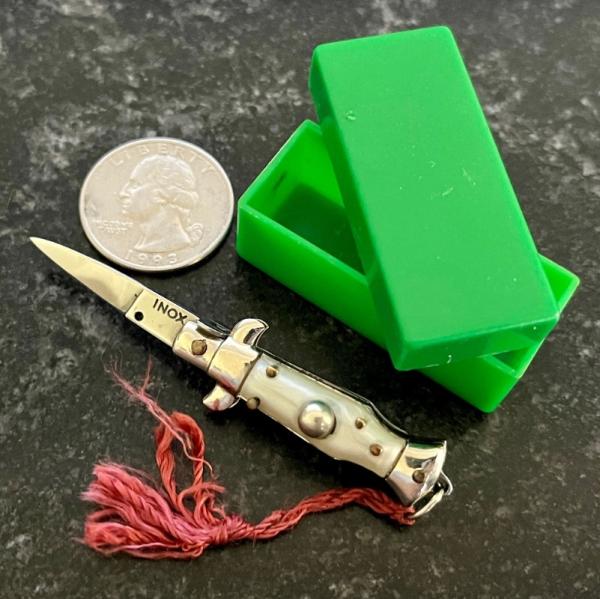 Vintage Miniature Switchblade Knife Keychain Italy, Imitation Mother Of Pearl In Original Box