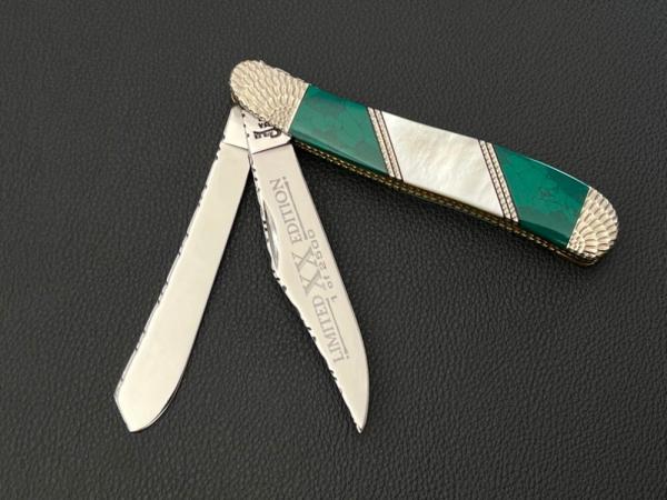 Case XX USA 6240 Custom Painted Pony Dog Leg Trapper with MOP & Green Malachite & File Work Case XX USA 6240 Custom Painted Pony Dog Leg Trapper with MOP & Green Malachite & File Work
