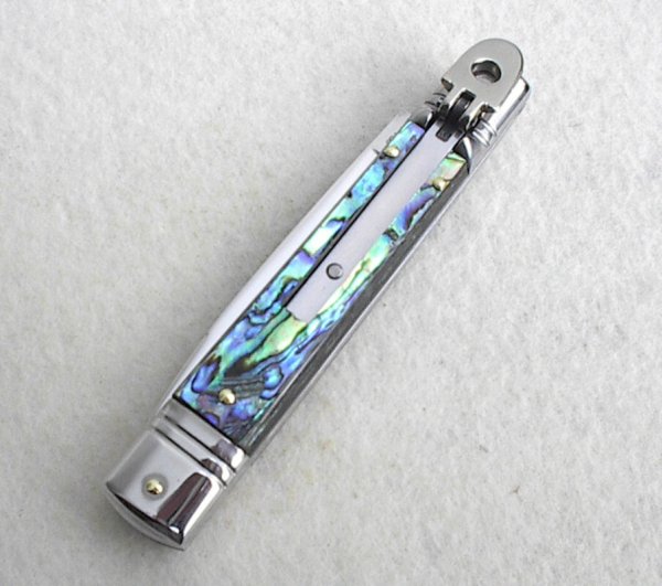 NOS AKC 8" CLASSIC SLIM LEVER LOCK GENUINE ABALONE SWEDGE BLADE MANIAGO ITALY