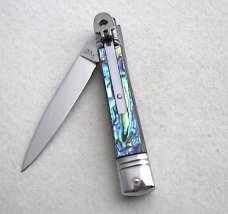 NOS AKC 8" CLASSIC SLIM LEVER LOCK GENUINE ABALONE SWEDGE BLADE MANIAGO ITALY