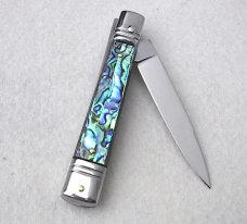 NOS AKC 8" CLASSIC SLIM LEVER LOCK GENUINE ABALONE SWEDGE BLADE MANIAGO ITALY
