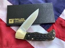 J A Henckels (HK-135-GP) Folding Hunter Pocket Knife with Nice Green Bone Handles -NOS +Orig Box