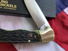 J A Henckels (HK-135-GP) Folding Hunter Pocket Knife with Nice Green Bone Handles -NOS +Orig Box