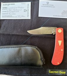 Tory Utt, Sacred Bear, Shadow Lanny..Birdseye pivot closed..Damascus..Jigged G10..coa..pouch..Hank
