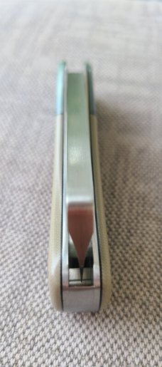 K'roo Chunky Frank...N690..3.75 closed..Jade and Desert Sand G10...Coa...Custom Leather Pocket slip 