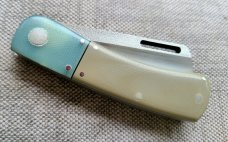 K'roo Chunky Frank...N690..3.75 closed..Jade and Desert Sand G10...Coa...Custom Leather Pocket slip 