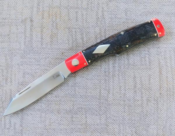 K'roo Native Knife..4" Blanket Micarta & red linen Micarta..white accents..rwl34. Filework.coa/slip 