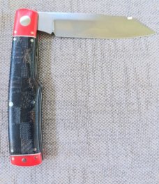 K'roo Native Knife..4" Blanket Micarta & red linen Micarta..white accents..rwl34. Filework.coa/slip 