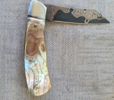 Jeff Pearce MOP and BronzeMai Native...Baker Forge stainless Blade...Fluted...4" closed..coa.pouch
