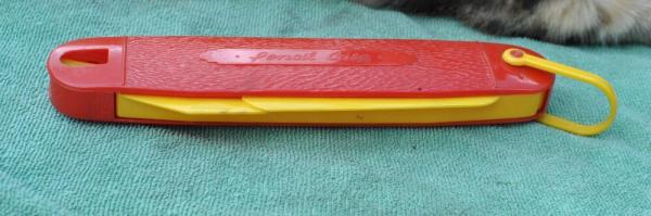 Kid's Knife Design Pencil Case Jugged Plastic Bail Blade Nick To Open Pencil Sharpener Like New 50's