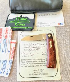 JTaber custom Native..Vintage Westinghouse Rag & micarta bolsters..,3.75" closed..makers pouch..coa 