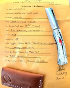 K'roo Chunky Frank...Kudu Bone...N690..3.75 closed..red Bolt Shield..red accents..coa and slip 