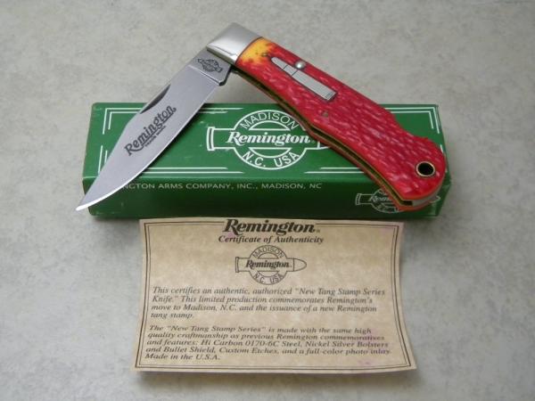 Remington Madison NC USA New Tang Stamp Series Red Delrin Lockback Knife in Box c.1990's Remington Madison NC USA New Tang Stamp Series Red Delrin Lockback Knife in Box c.1990's