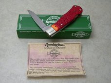 Remington Madison NC USA New Tang Stamp Series Red Delrin Lockback Knife in Box c.1990's