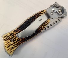VINTAGE AUTO KNIFE 8" TOTAL 3.5" BUTTON RELEASE BLADE 4.5" ACRYLIC HANDLE
