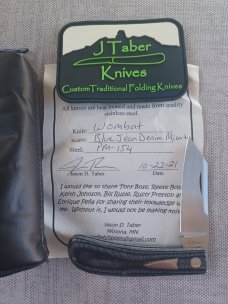 JTaber Denim Micarta Wombat..Cpm154..DOB..10/2021...Jason's Signature pattern..coa & pouch