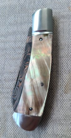 Jeff Pearce MOP and BronzeMai Native...Baker Forge stainless Blade...Fluted...4" closed..coa.pouch