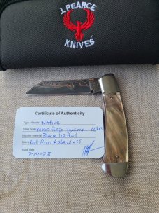 Jeff Pearce MOP and BronzeMai Native...Baker Forge stainless Blade...Fluted...4" closed..coa.pouch