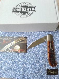 Poroshyn Amber jigged Bone Swayback Lockback..M390..3 5/8" closed..Direct from maker..box,coa,Hank 