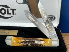 Welcome! New CASE XX Golden Grain COLT.45 Model 1911boneStag Trapper,DEEP Golden Etch w/Display NEW