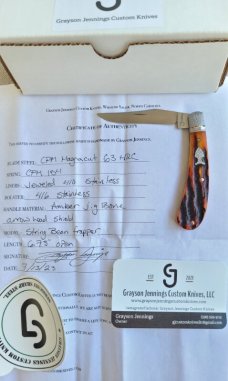 Jennings Trapper..Magnacut blade..Amber Bone..Jeweled bolsters..liners & shield..coa & box. 3.75"
