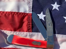Bulldog Large 5 &1/2" Display Trapper Knife w Red Bone Handles & Standing Pit Bull Dog Blade Etch