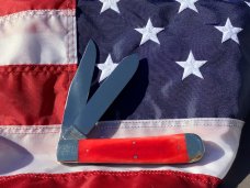 Bulldog Large 5 &1/2" Display Trapper Knife w Red Bone Handles & Standing Pit Bull Dog Blade Etch