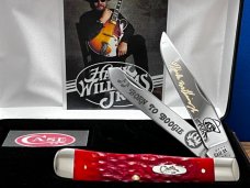 New Case XX USA Hank Williams Jr.Dark Red Bone Trapper Deep Color Etched Blades,4-1/8” Brand New.