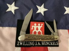 J A Henckels 3 Blade Whittler Pocket Knife w/ Fantastic Stag Handles! NOS & M/NM