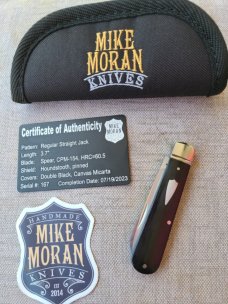 Mike Moran Straight Spear Jack..Black Canvas MIcarta..CPM-154...3.7"..coa,.pouch..fluted.. #166