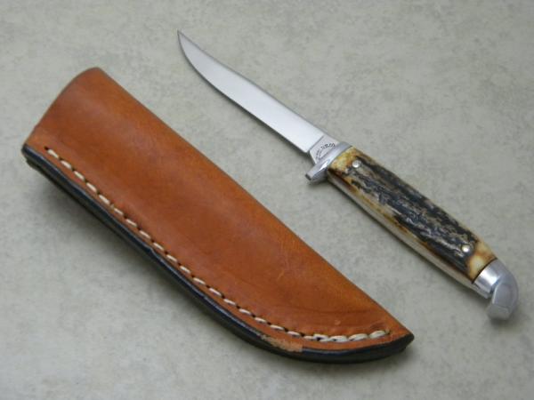 Queen Cut. Co. Titusville PA Stag Bird & Trout Fixed Blade Sheath Knife Queen Cut. Co. Titusville PA Stag Bird & Trout Fixed Blade Sheath Knife