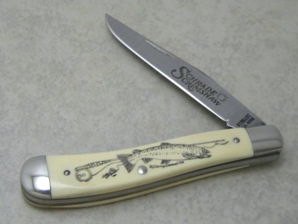 Schrade USA SC503 Scrimshaw Linerlock Slimline Trapper Farmers Jack Knife - Trout 1982 Schrade USA SC503 Scrimshaw Linerlock Slimline Trapper Farmers Jack Knife - Trout 1982