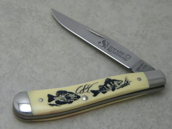 Schrade USA SC503 Scrimshaw Linerlock Slimline Trapper Farmers Jack Knife - Sunfish & Perch 1988 Schrade USA SC503 Scrimshaw Linerlock Slimline Trapper Farmers Jack Knife - Sunfish & Perch 1988