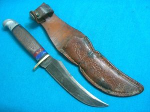 CUSTOM HANDLE WESTERN USA L39 HUNTING SKINNING SKINNER FIXED BLADE KNIFE KNIVES SHEATH