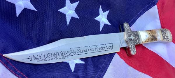 Vintage Parker Large Fixed Blade Display knife w Blade Etch "My Country/My Steel" Bone Handles -NOS Vintage Parker Large Fixed Blade Display knife w Blade Etch "My Country/My Steel" Bone Handles -NOS