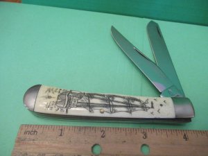 Queen White Bone Trapper with Scrimshaw Sence of a Tall Ship