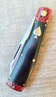 K'roo Native..Red Ctec Bolsters&Caps..Black Linen Micarta scales...Rwl34...Ace of Spades Shield..4" 
