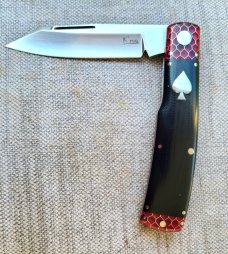 K'roo Native..Red Ctec Bolsters&Caps..Black Linen Micarta scales...Rwl34...Ace of Spades Shield..4" 