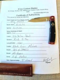 K'roo Native..Red Ctec Bolsters&Caps..Black Linen Micarta scales...Rwl34...Ace of Spades Shield..4" 
