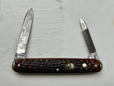 E. Weck & Son NY USA 3-3/8" Jigged Bone Double w/Tip Bolsters 1910-1925 RARE File Pen Blade REPAIR