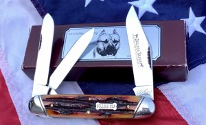 2009 Bulldog Brand USA (Great Eastern SFO)  Large Whittler w/ Great Amber Carved Bone Stag Handles