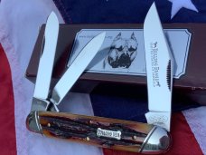 2009 Bulldog Brand USA (Great Eastern SFO)  Large Whittler w/ Great Amber Carved Bone Stag Handles