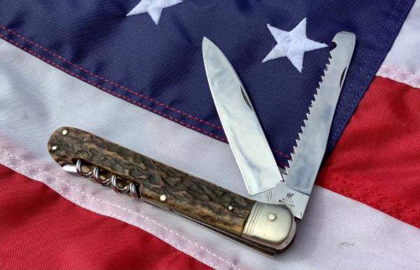 Large J A Henckels 2 Blade Multi Blade/Tool Knife w Great Stag Handles & Twin Men tang stamp Large J A Henckels 2 Blade Multi Blade/Tool Knife w Great Stag Handles & Twin Men tang stamp