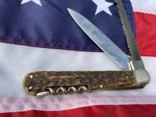 Large J A Henckels 2 Blade Multi Blade/Tool Knife w Great Stag Handles & Twin Men tang stamp