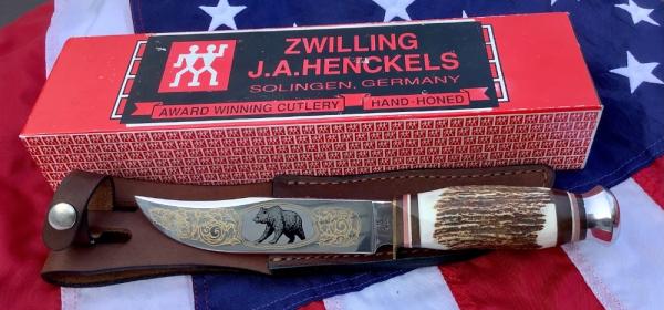 J A Henckels Fixed Blade Hunter Knife w/ Stag Handles & Gold Blade Etch of A Black Bear J A Henckels Fixed Blade Hunter Knife w/ Stag Handles & Gold Blade Etch of A Black Bear