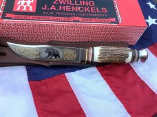 J A Henckels Fixed Blade Hunter Knife w/ Stag Handles & Gold Blade Etch of A Black Bear