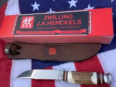 J A Henckels Fixed Blade Hunter Knife w/ Stag Handles & Gold Blade Etch of A Black Bear
