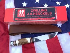 J A Henckels Fixed Blade Hunter Knife w/ Stag Handles & Gold Blade Etch of A Black Bear