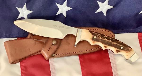 Vintage J A Henckels Safari Skinning / Hunting / Camping knife w/ Orig Sheath & Great STAG Handles!