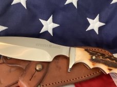 Vintage J A Henckels Safari Skinning / Hunting / Camping knife w/ Orig Sheath & Great STAG Handles!